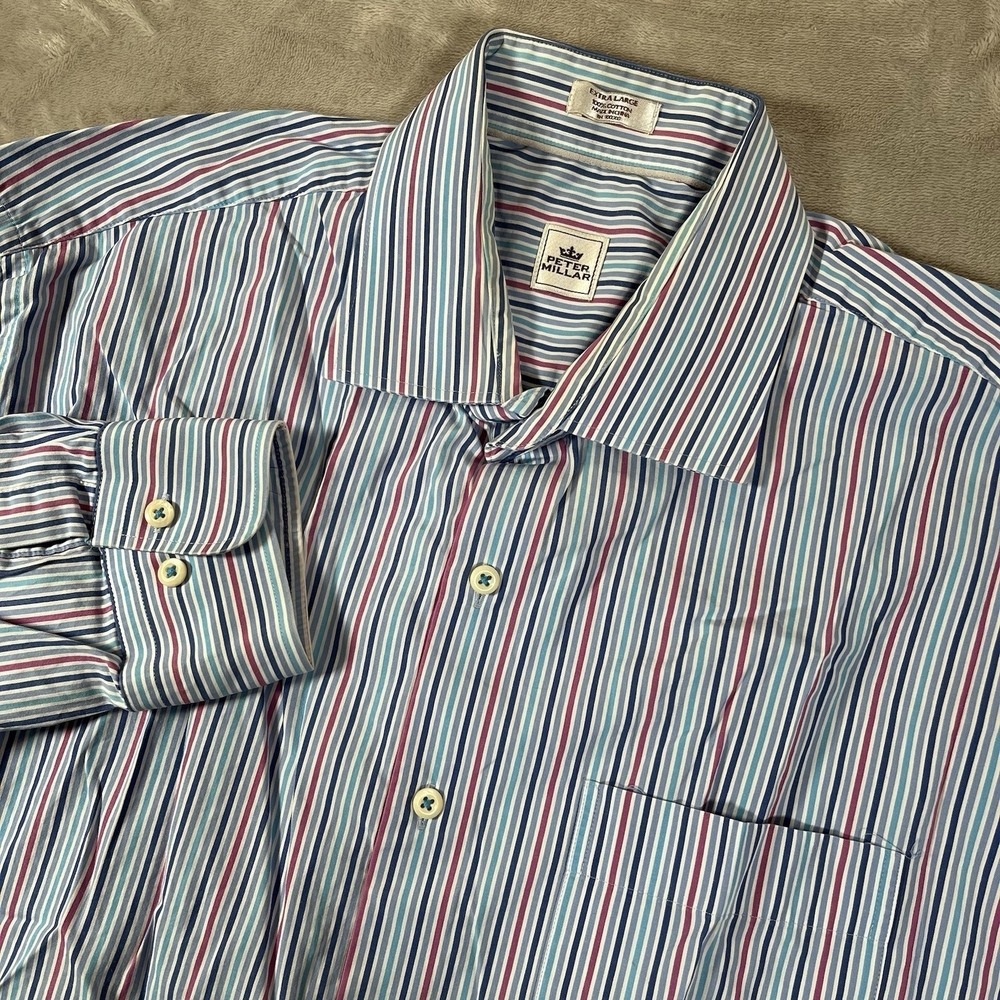 Peter Millar Shirt Mens XL Blue Pink Striped Button Up Long Sleeve Preppy Golf